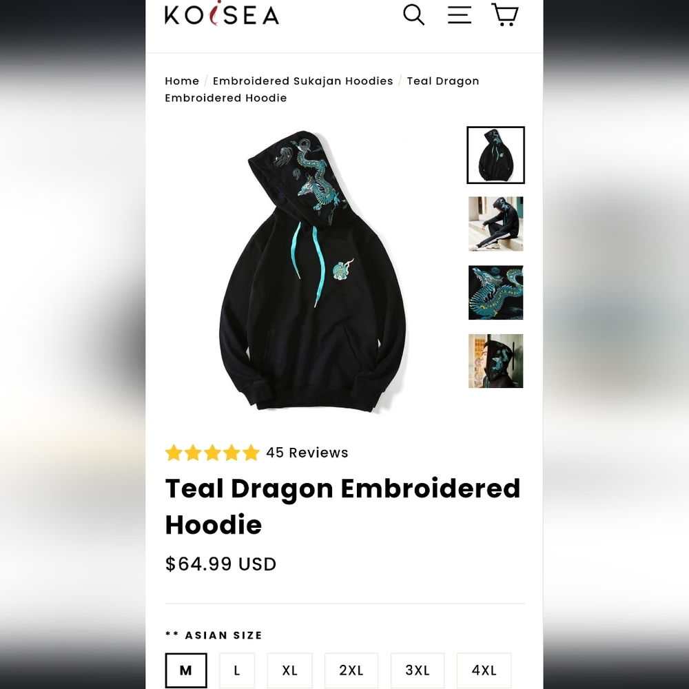 Koisea | Teal Dragon, Black Embroidered Hoodie